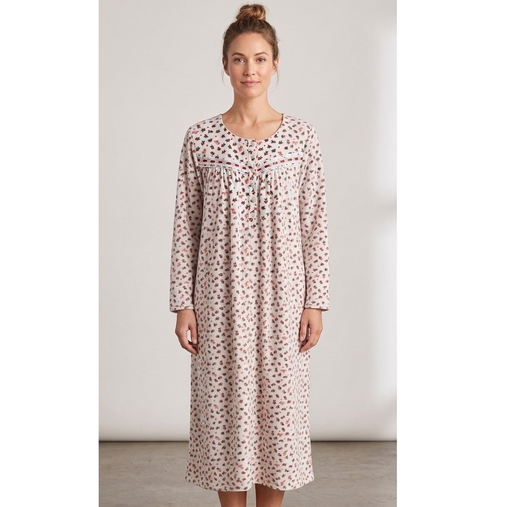 Lanz of Salzburg Nightgown Women Small White Red Fleece Floral Berry Lace Trim